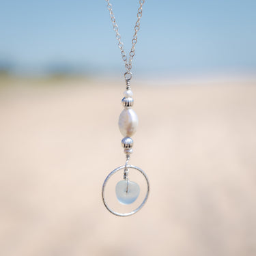 Aqua Blue Sea Glass + Baroque Pearl Circle Necklace